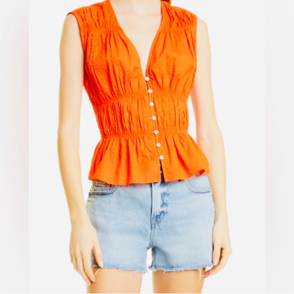 Frame EUC Ruched V Neck Sleeveless Top Blouse Orange Button Front Peplum M - Picture 4 of 12